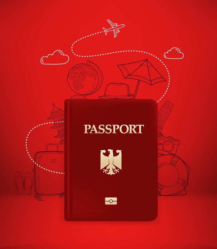 Travel illustration with passport and cute doodle elements. Vector illustration with famous monuments