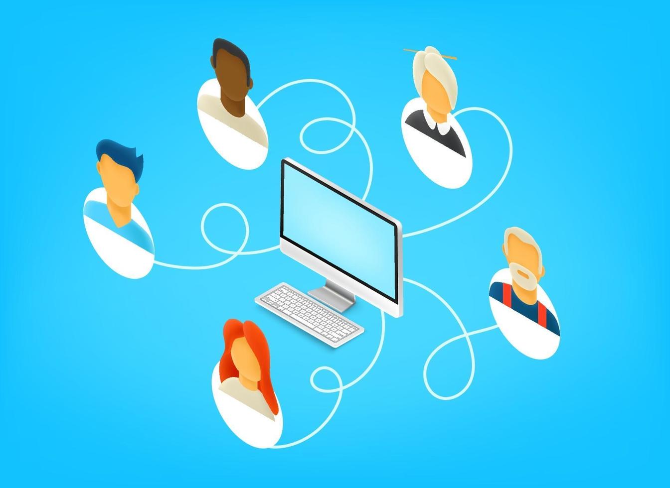 Team working together remotely via internet. Isometric 3d style vector illustration