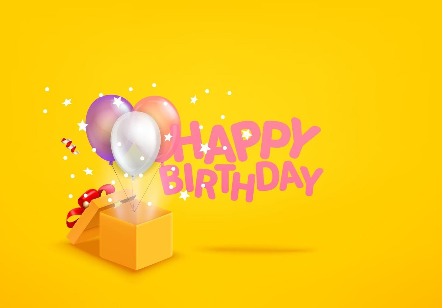 banner de vector de feliz cumpleaños. Caja abierta con globos de aire y confeti.