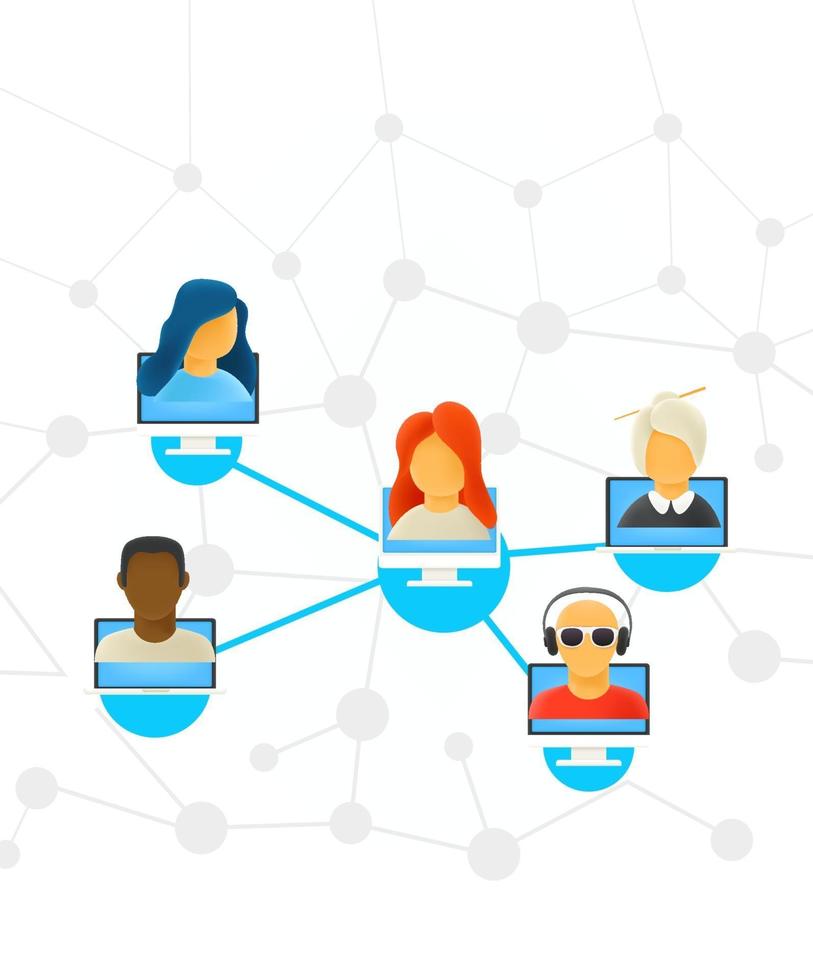 Abstract scheme of modern computer network. People working via social network vector