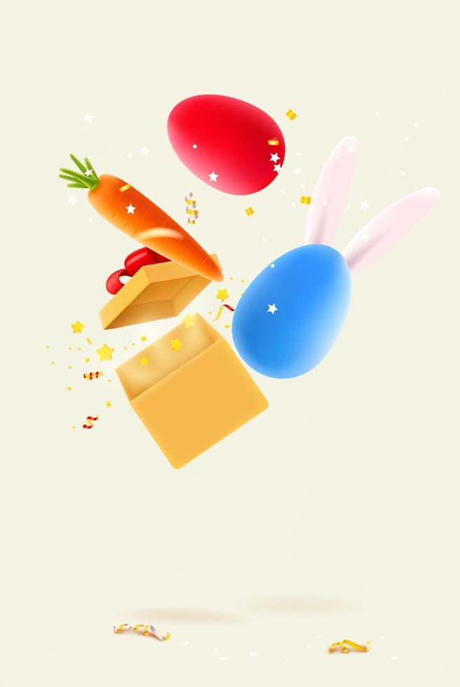 Happy Easter Holiday card. Easter banner with falling down realistic elements. Gift box, carrot, confetti and eggs vector