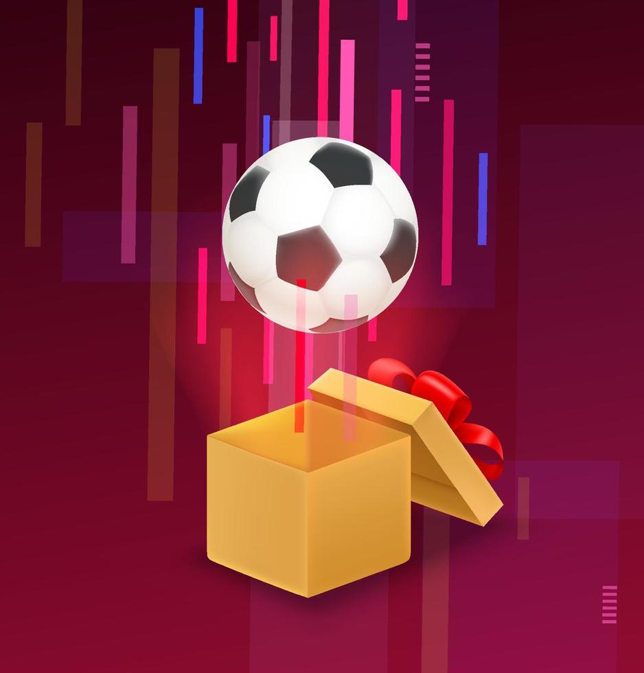 Caja abierta con balón de fútbol volando fuera de la caja. vector