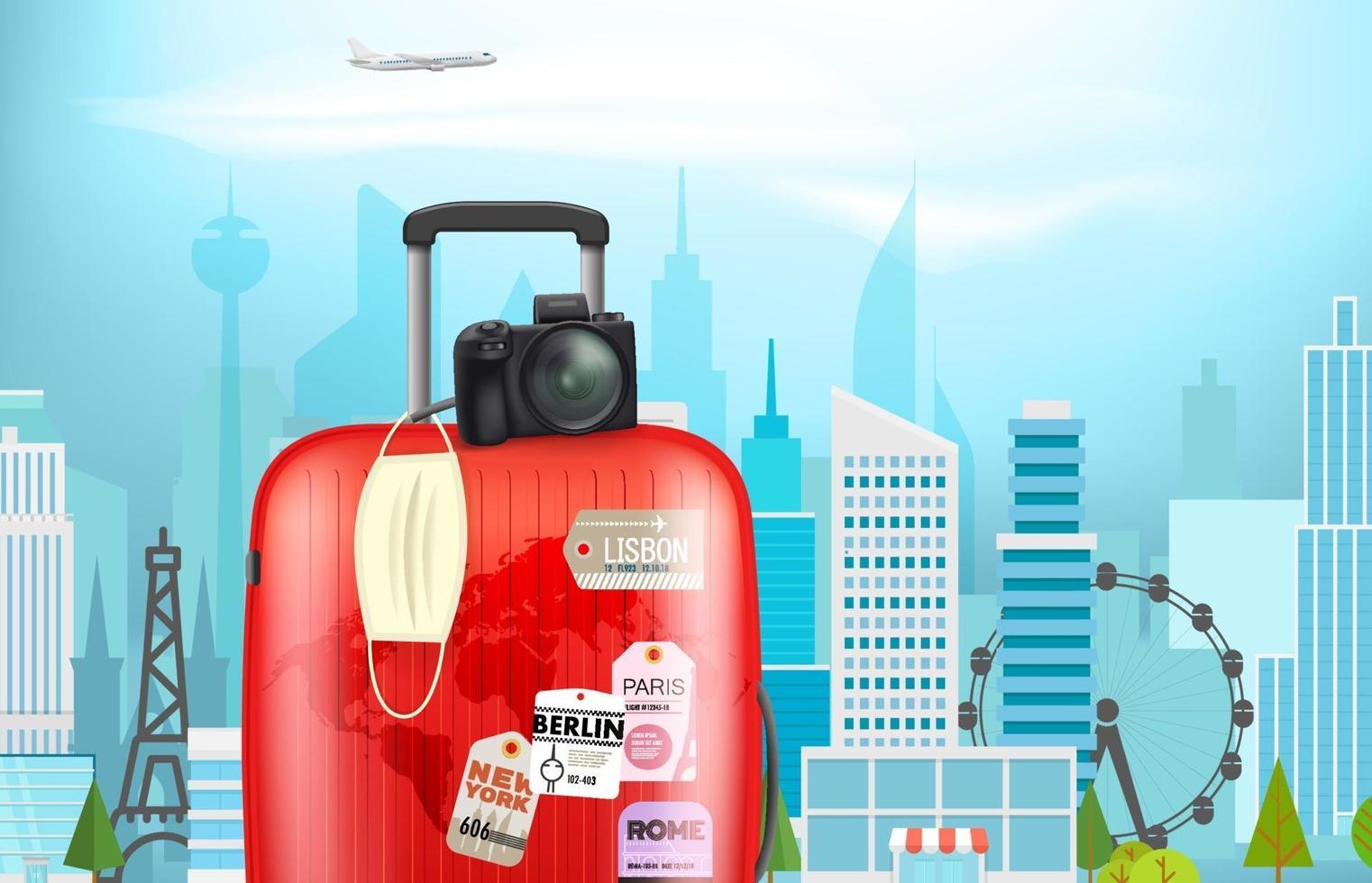 Vacation on pandemic. Concept with color plastic suitcase and protection mask in a city. Vector banner