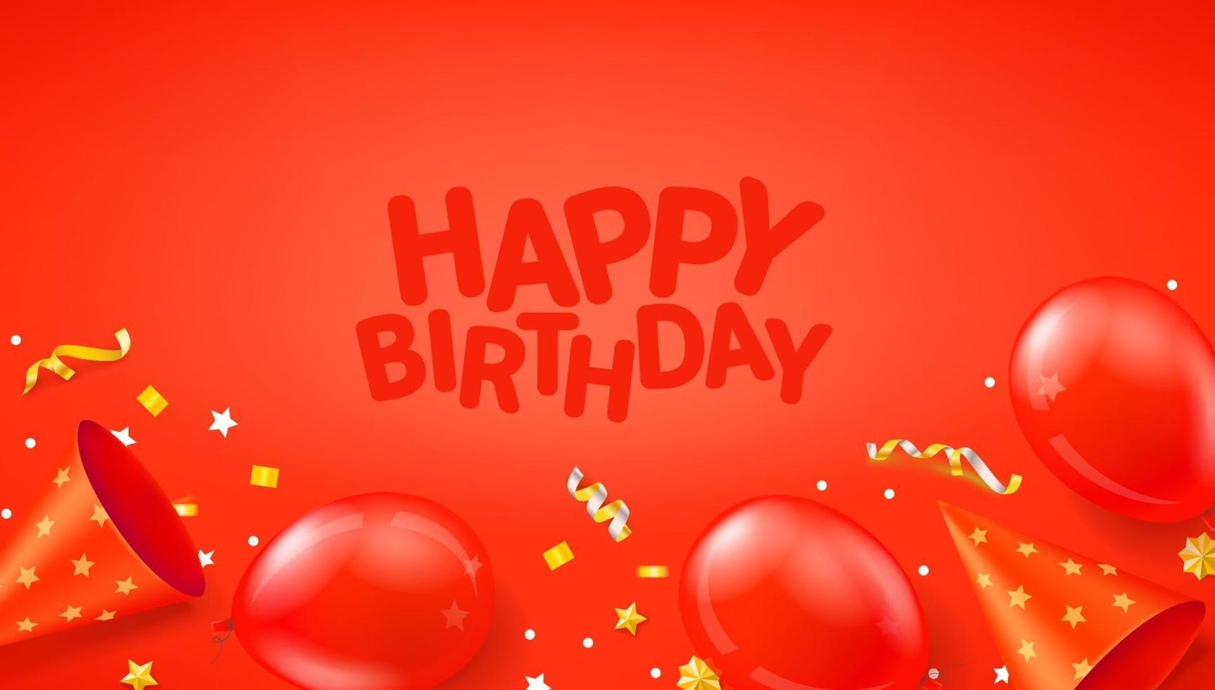 Feliz cumpleaños banner vector rojo con globos, confeti y sombreros