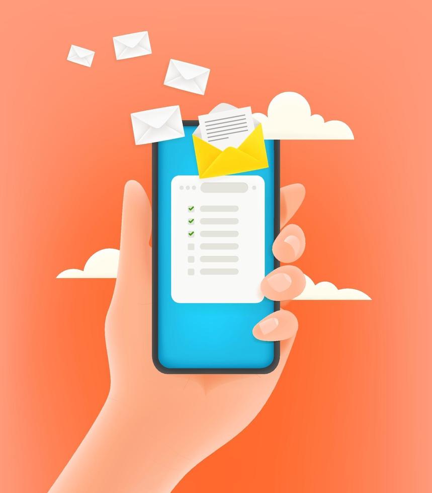 Receiving electronic mail via mobile phone. 3d style cute vector illustration