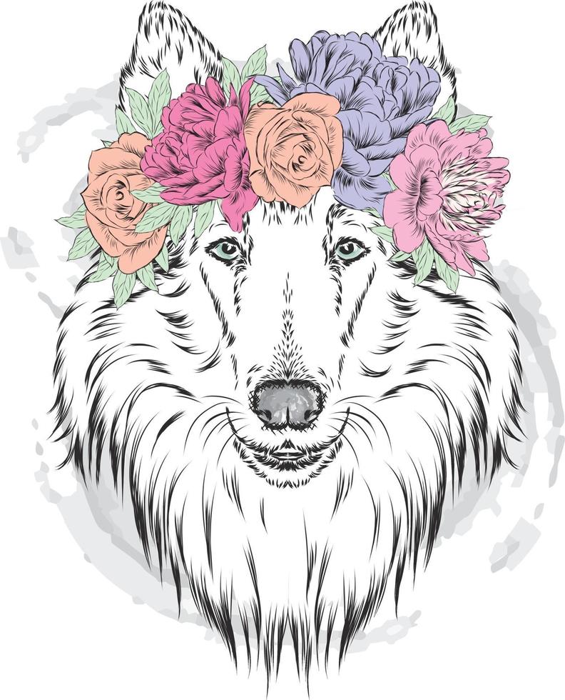 Beautiful dog in a wreath of flowers. Hipster. vector