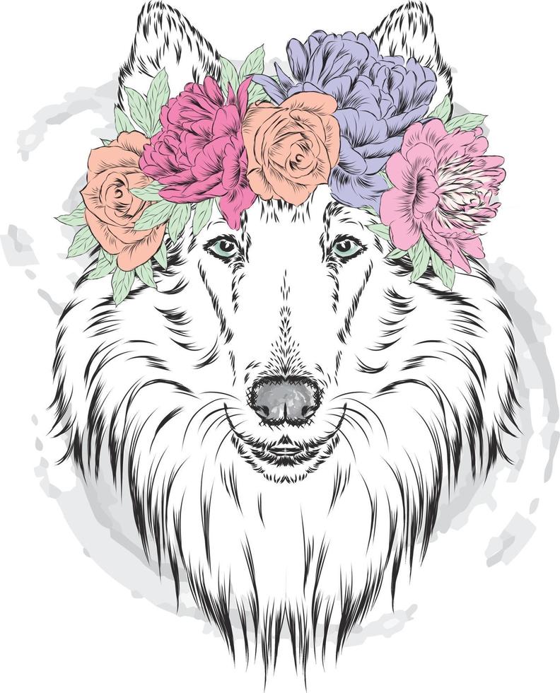 hermoso perro en una corona de flores. hipster. vector