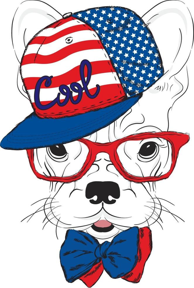 A beautiful dog in a cap and glasses. Hipster. vector