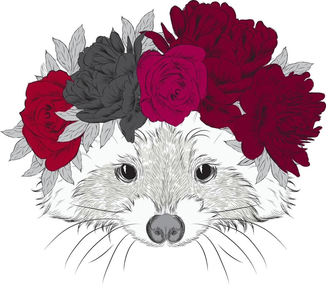 Beautiful hipster raccoon in a wreath of flowers. vector