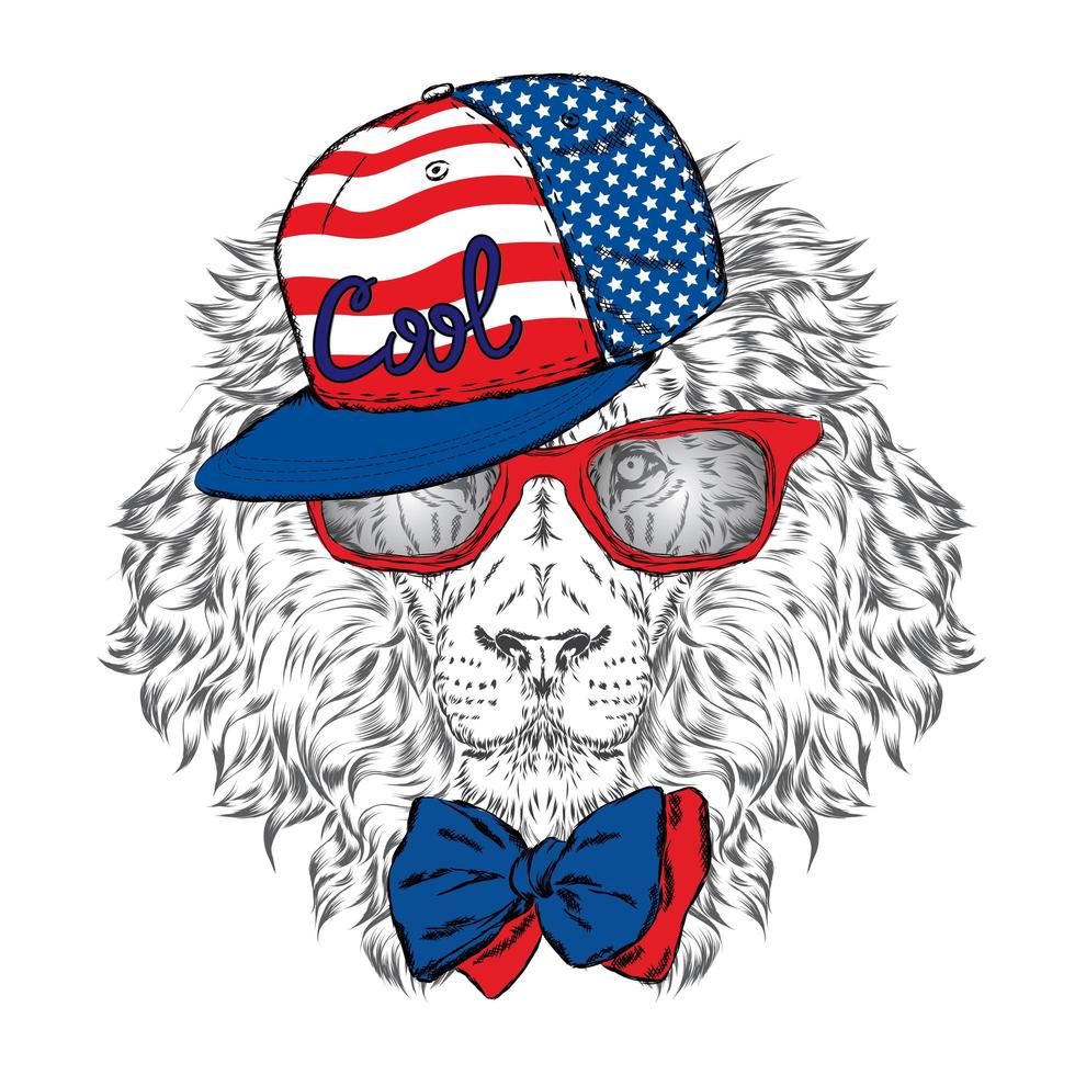 Beautiful lion in a cap and glasses. Hipster. vector