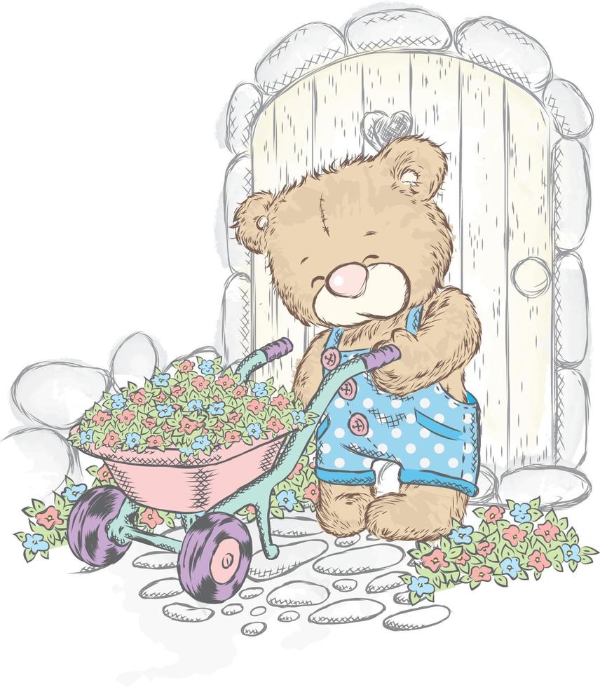 Cute teddy bear and cart with flowers vector