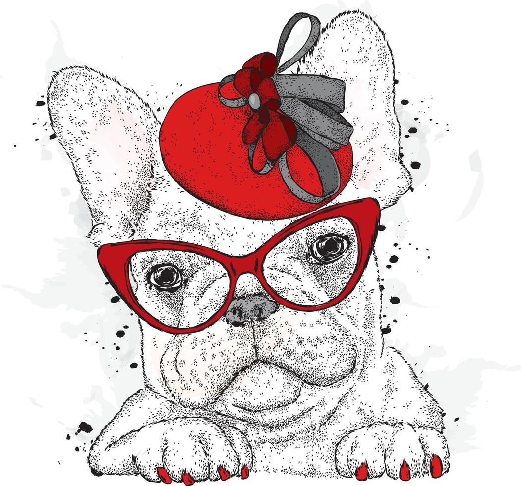 A beautiful dog in a hat and glasses. vector