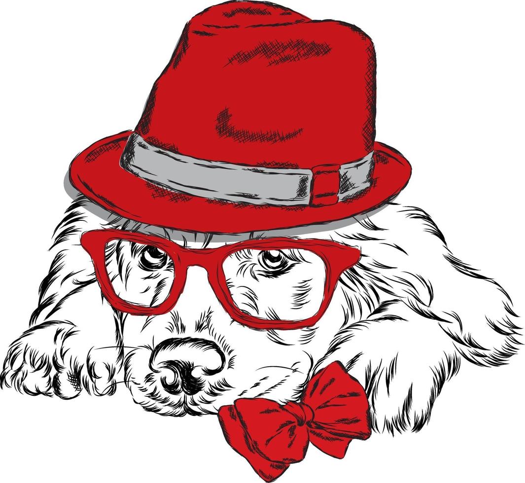 perro hipster con sombrero y gafas. vector