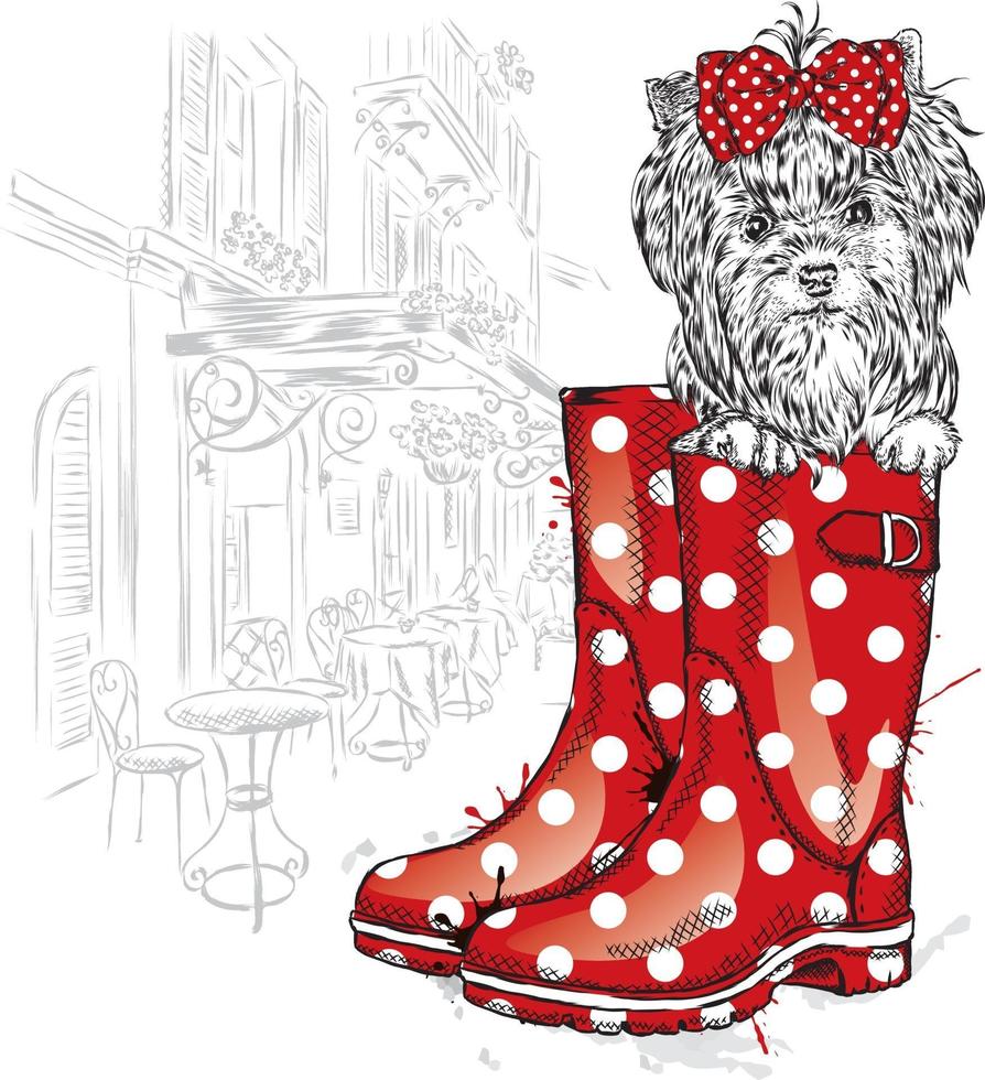 Hipster dog sitting in rubber boot vector