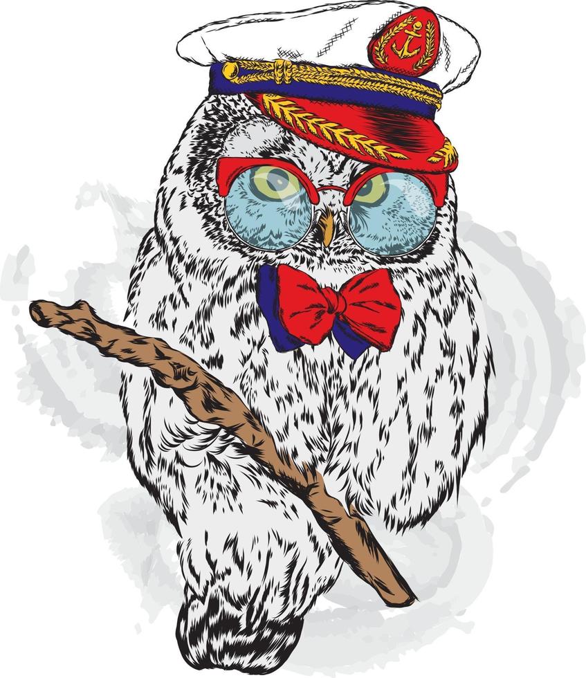 Funny owl hipster with glasses and a captain's cap. vector