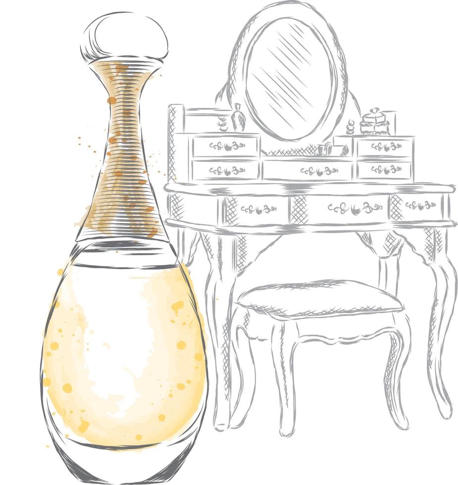 Vintage dressing table and perfume bottle. vector