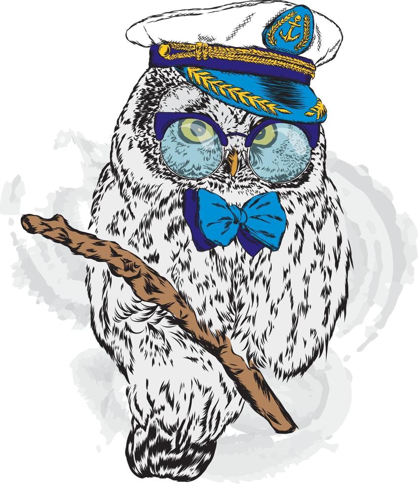 Funny owl hipster with glasses and a captain's cap. vector