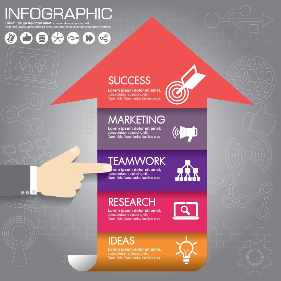 Info graphics step by step. Abstract business concept house in the form of arrow with 5 steps, options, parts, processes. Vector template for presentation and training.