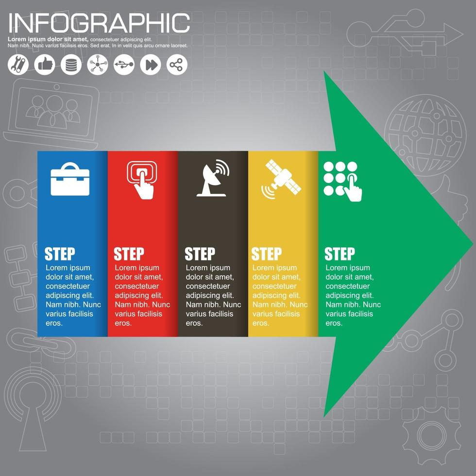 Info graphics step by step. Abstract business concept in the form of arrow with 5 steps, options, parts, processes. Vector template for presentation and training.