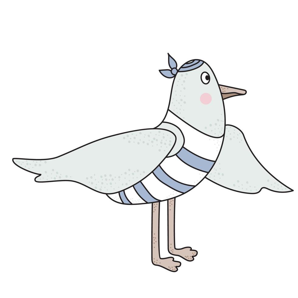 A cute seabird, a seagull. Character in a striped marine T-shirt. vector