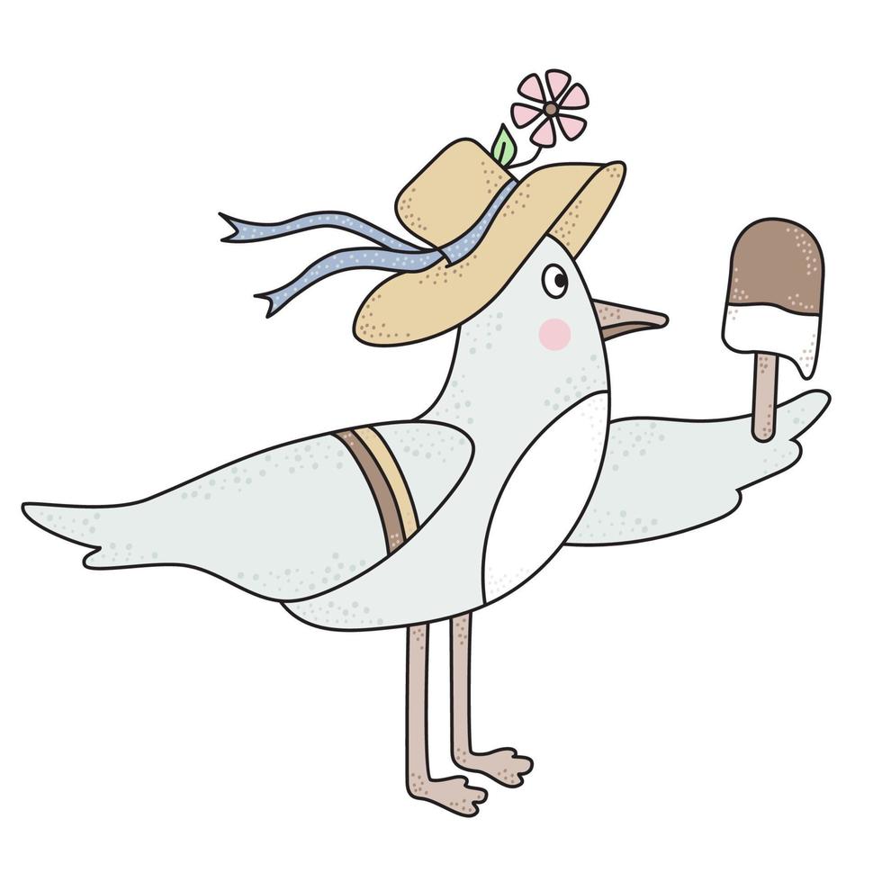 The bird is a female seagull. Beach character in a hat with a flower and ice cream. vector