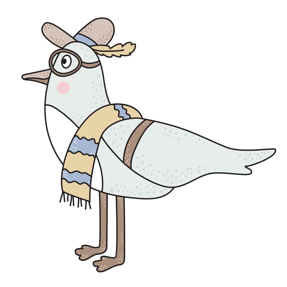 The bird is a seagull. The cute character is a beach male bird wearing a hat, glasses and a beach towel. vector