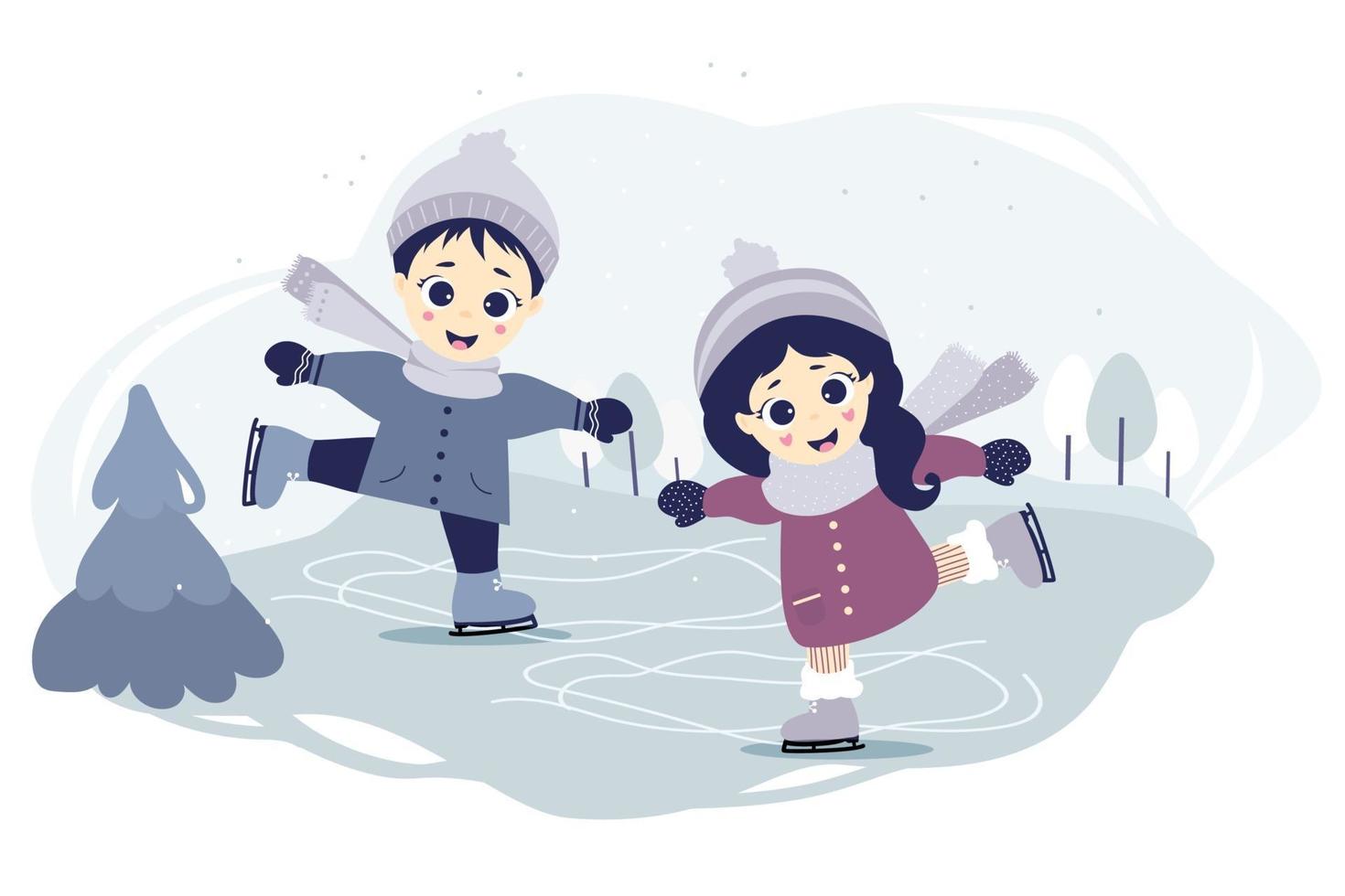 invierno de los niños. lindo un niño y una niña patinando sobre hielo en una pista de patinaje en un fondo de bosque decorativo con un paisaje invernal. vector