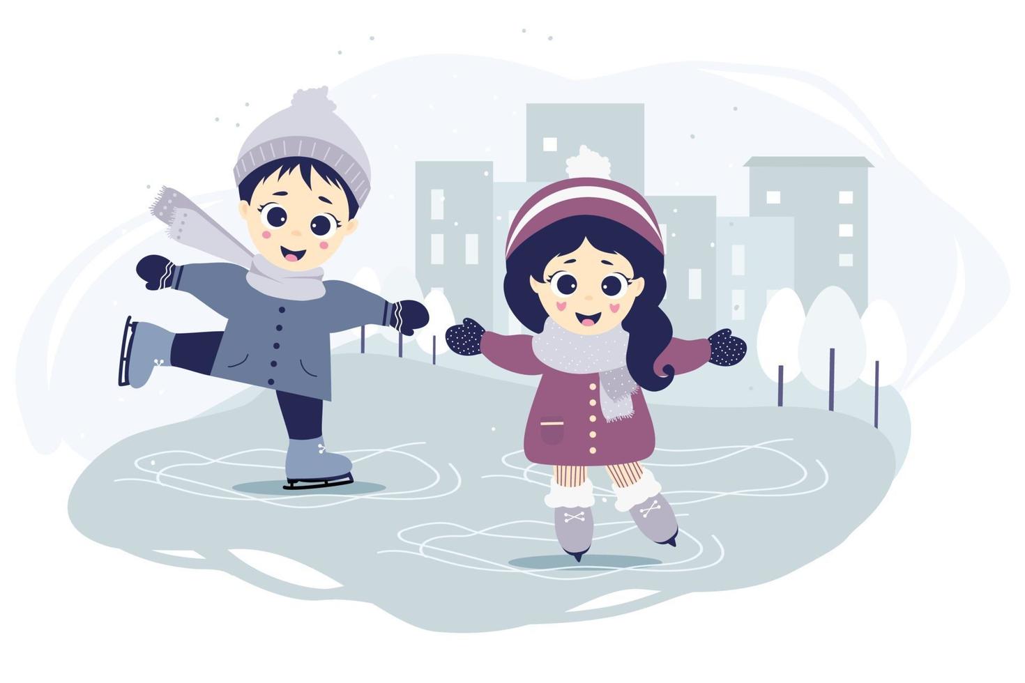 Kids winter. A boy and a girl are skating on a skating rink in the city on a blue background with a cityscape, houses and trees. vector