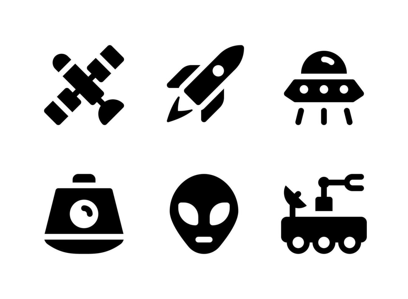 simple conjunto de iconos sólidos vectoriales relacionados con el espacio. contiene iconos como satélite, cápsula, alienígena, rover y más. vector