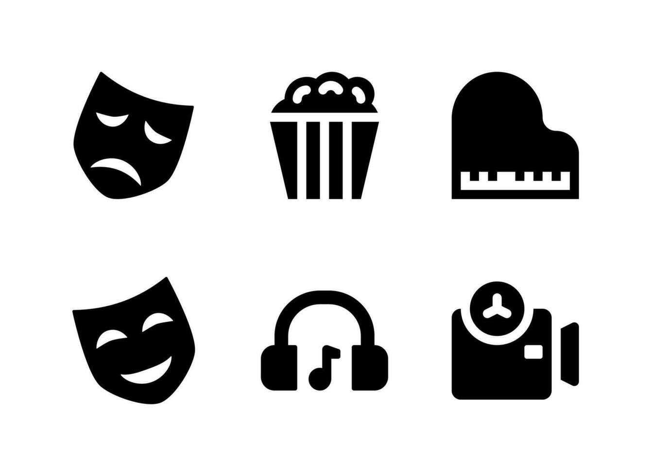 simple conjunto de iconos sólidos vectoriales relacionados con el entretenimiento. contiene iconos como palomitas de maíz, máscara de teatro, auriculares, cámara y más. vector