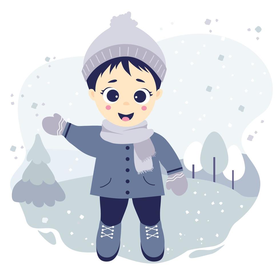 Kids winter. Happy boy stands and waves his hand on a background with a winter landscape, trees and snow. vector