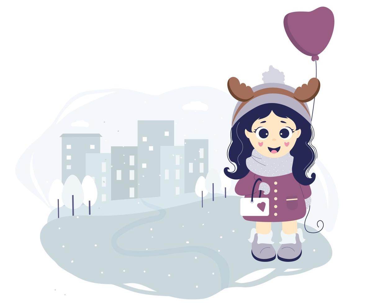 Kids winter. A girl with deer antlers on her head and a balloon stands against the backdrop of a cityscape, houses and trees. vector