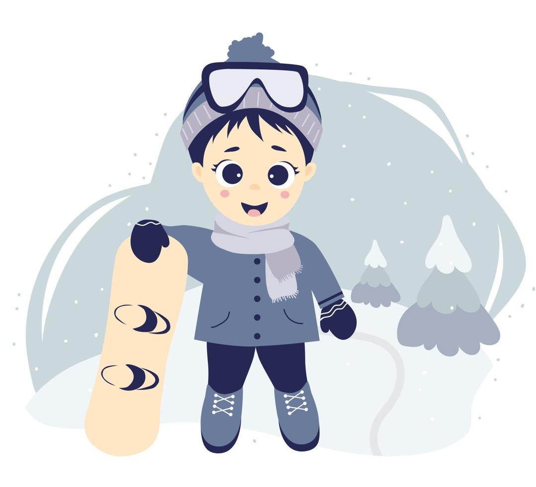 Kids winter. Winter sport and boy athlete with a snowboard on a background with a winter landscape, fir trees and snow. vector