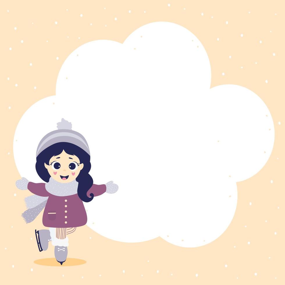 postal de deportes de invierno. una linda chica en ropa de invierno está patinando. fondo con nieve y coloque una nube para escribir texto. vector