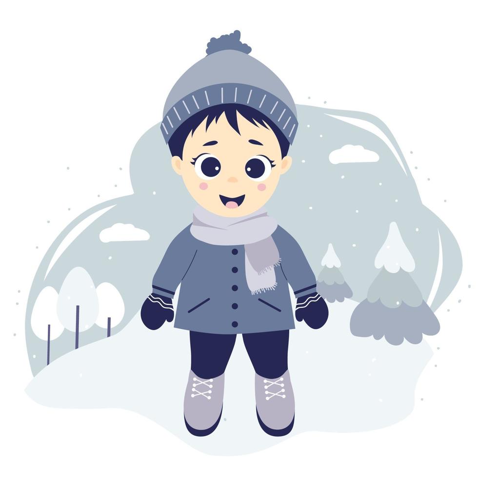 Kids winter. Happy boy on a winter walk in nature stands on a blue background with trees, clouds and snow. vector