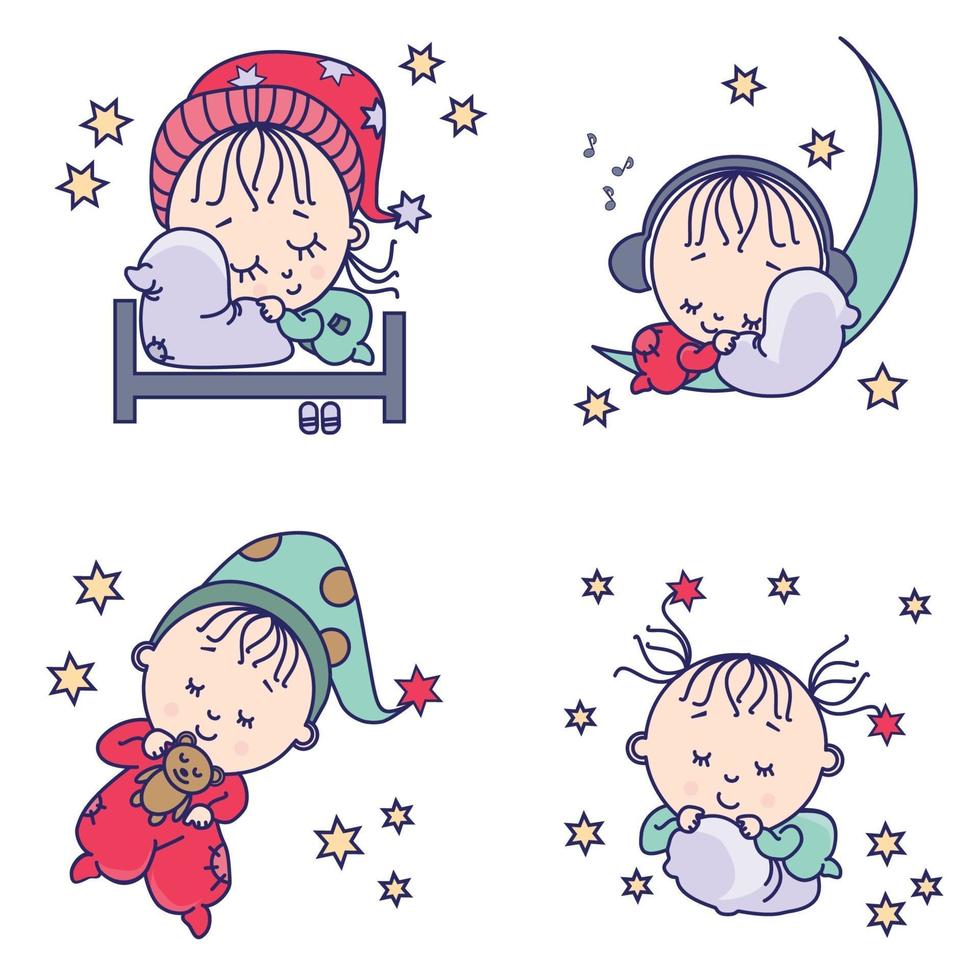 Sweet dream collection. Cute sleeping babies on a pillow, bed, with a teddy bear and on the moon. vector