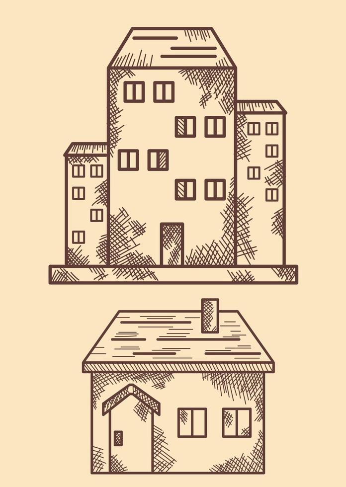 Houses, big and small. Hand drawing, line and shading vector