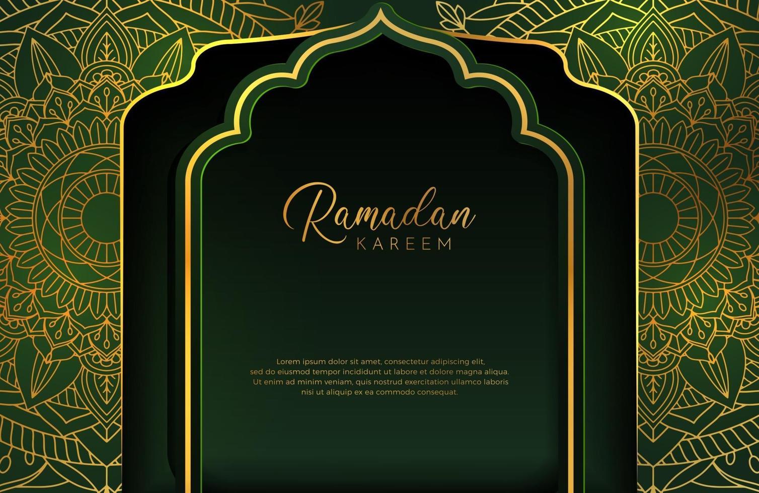 Banner de fondo dorado de lujo con mandala arabesco islámico adorno verde oscuro vector