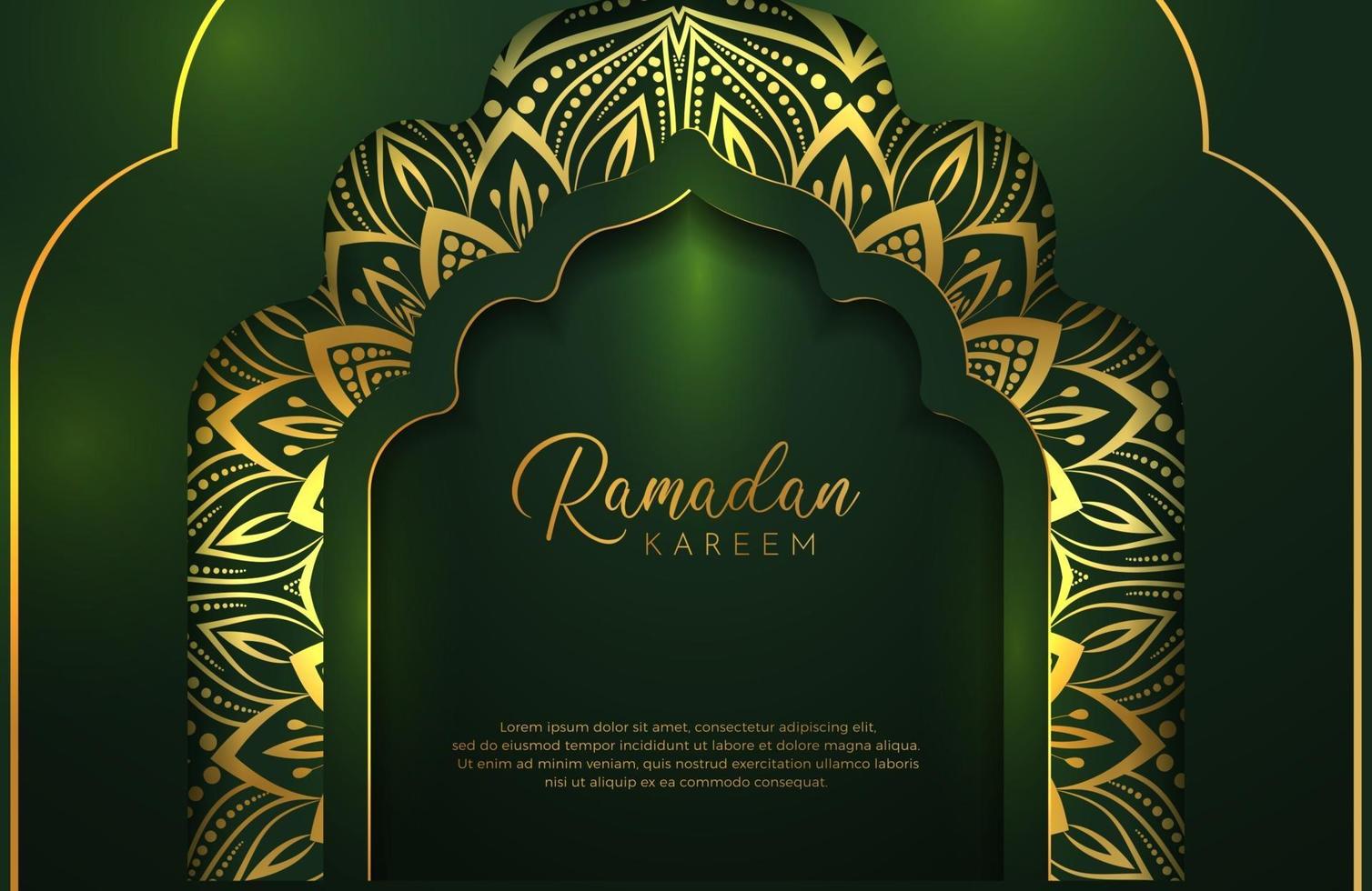 Fondo de Ramadán Kareem en estilo de lujo. Ilustración vectorial de diseño árabe verde oscuro con adornos de mandala de línea dorada para celebraciones del mes sagrado islámico. vector