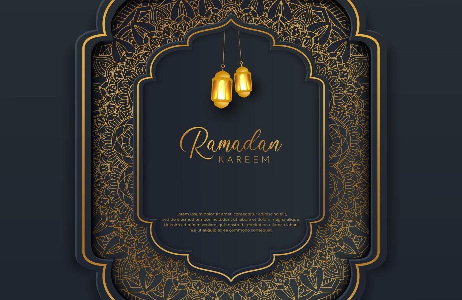 Luxury black and gold background banner with islamic arabesque mandala ornament on dark surface vector