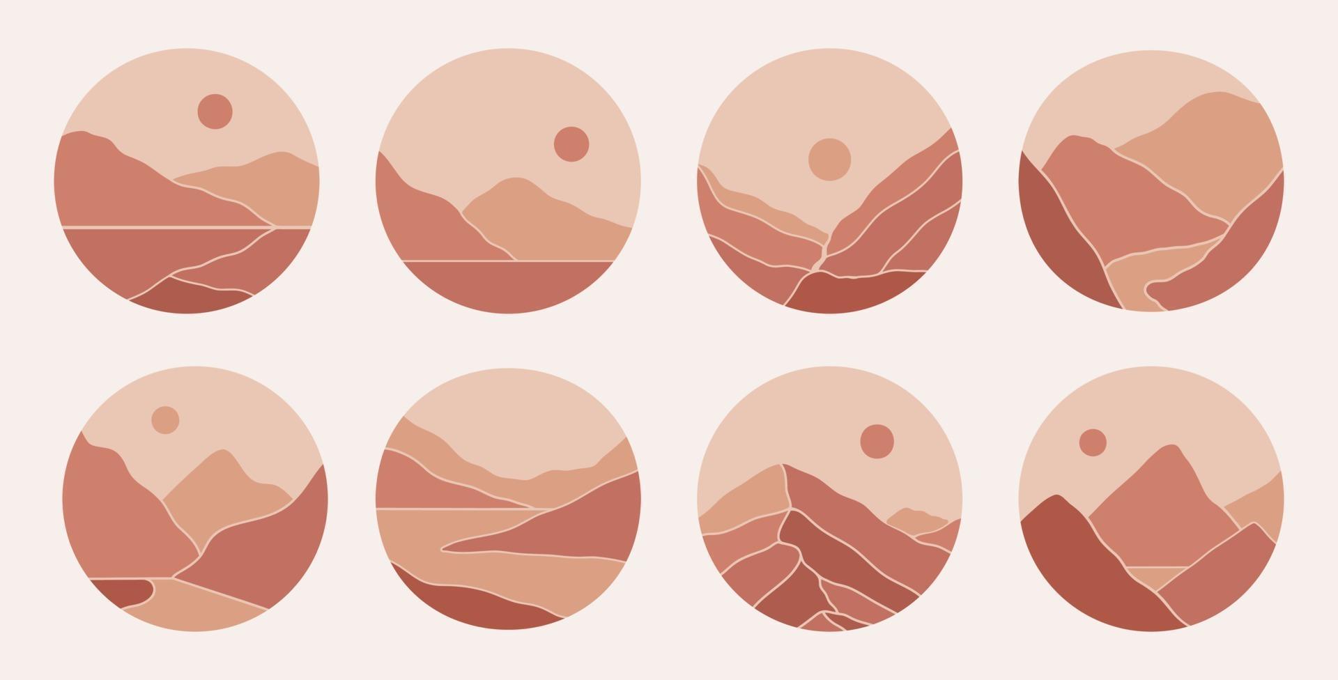 Contemporary modern minimalist abstract mountain landscapes aesthetic illustrations. Bohemian highlight covers. Collection of mid century artistic prints for stories vector