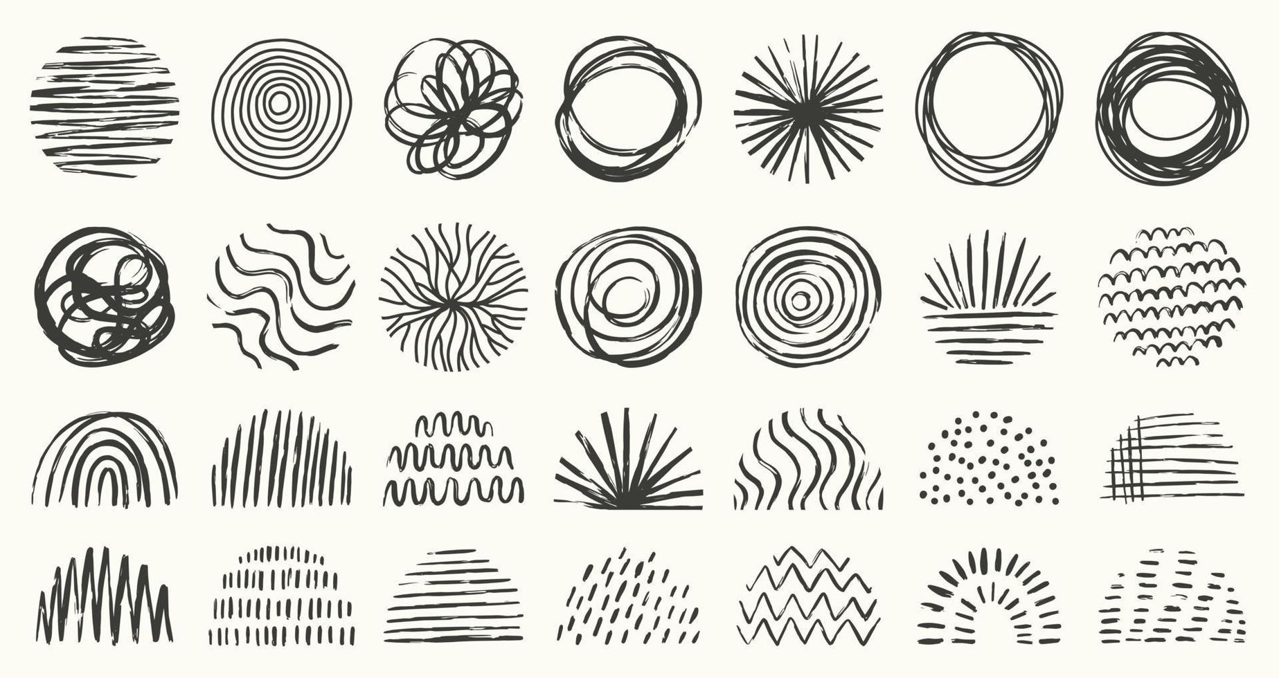 conjunto de patrones o fondos abstractos redondos y semicírculos. formas de doodle dibujados a mano. manchas, gotas, curvas, líneas. ilustración vectorial de moda moderna contemporánea. vector