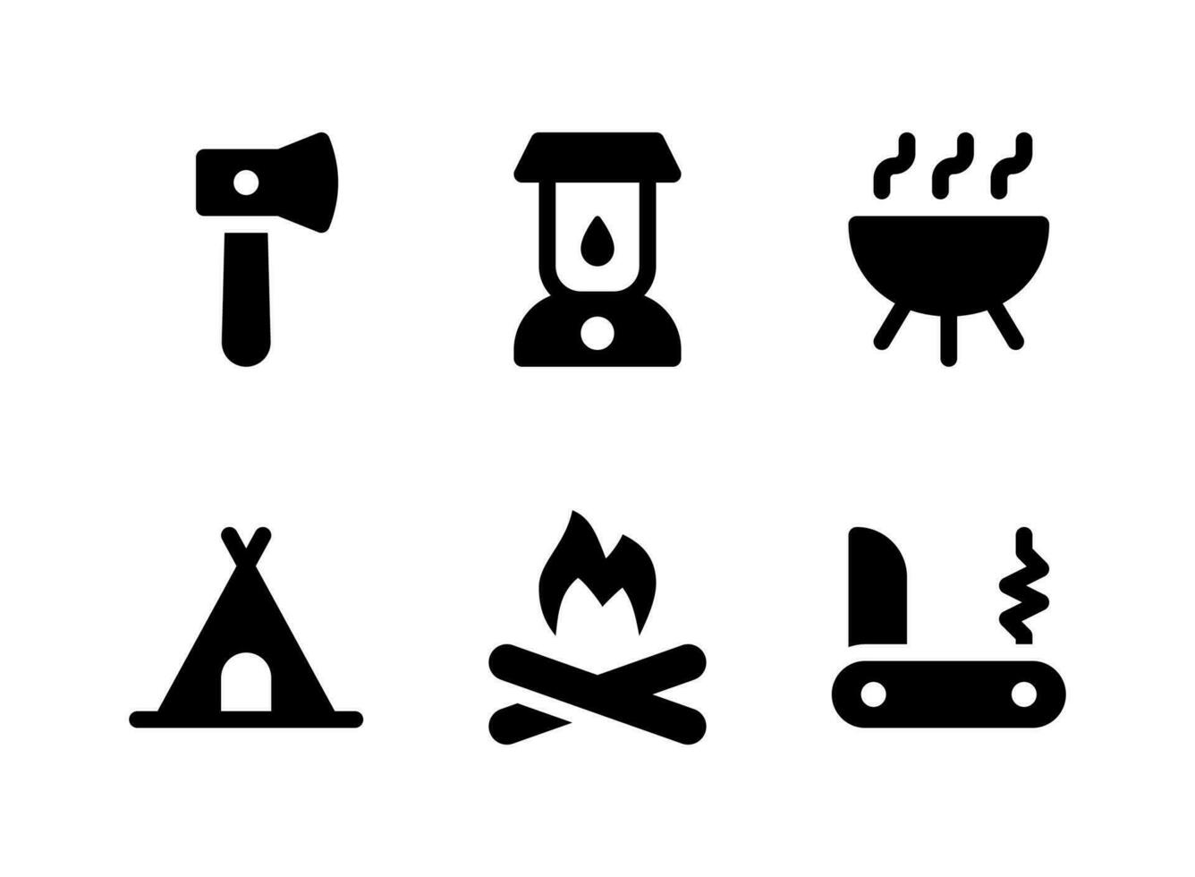 Simple Set of Camping Related Vector Solid Icons. Contains Icons as Hatchet, Tent, Bonfire, Knife and more.