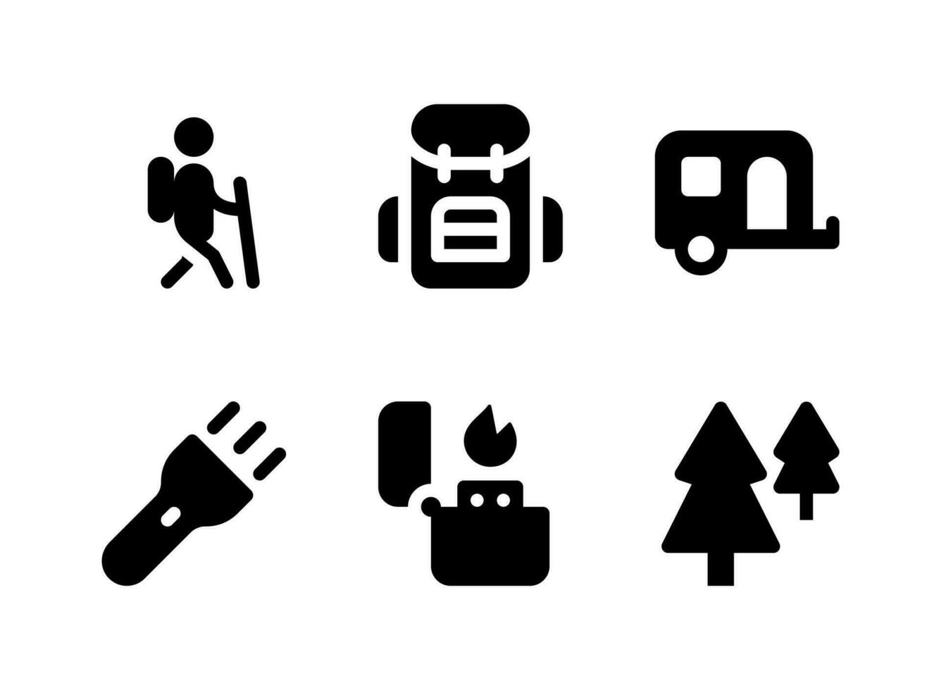 simple conjunto de iconos sólidos vectoriales relacionados con el camping. contiene iconos como caravana, luz de flash, encendedor, bosque y más. vector