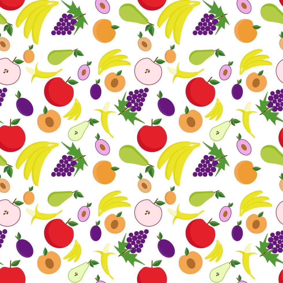 Seamless background with fruits. Vector illustration with pear, apple, peach, grapes, bananas, apricots.