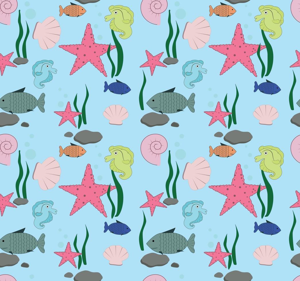 Seamless pattern with marine life. Cute illustrations with starfish, seahorse, fish, seaweed, seashells and stones. vector