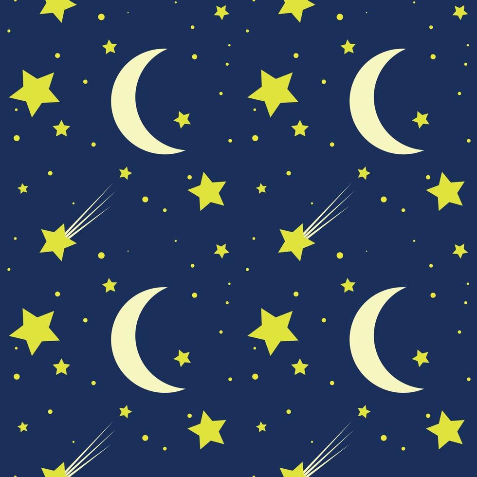 cielo nocturno de patrones sin fisuras. estrellas y mes sobre un fondo azul. patrón para papel tapiz, papel de regalo, textil, tela, ropa, fondo. vector