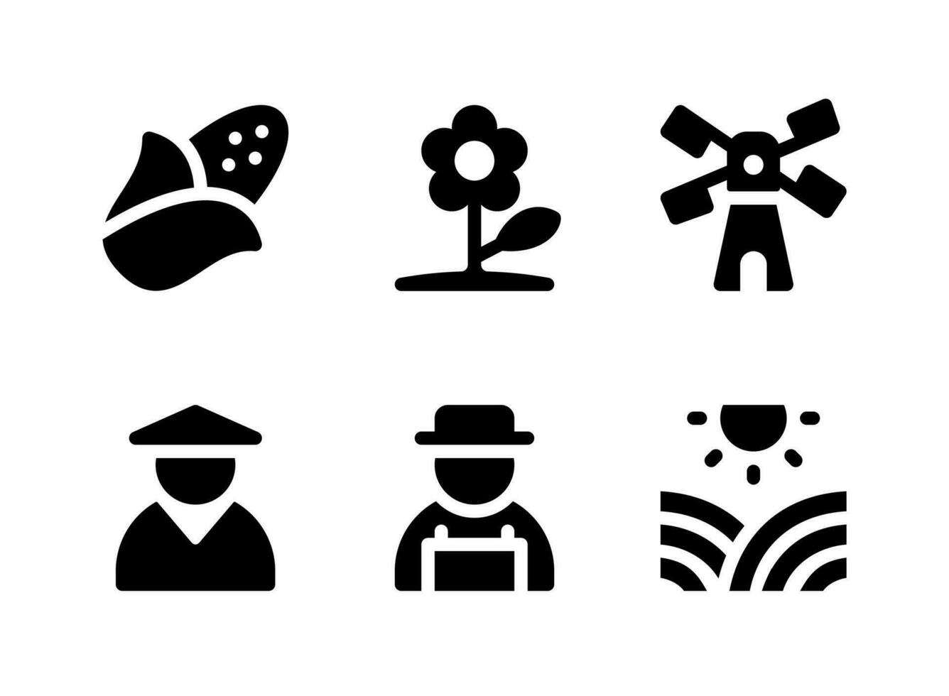 Simple Set of Agriculture Related Vector Solid Icons. Contains Icons as Corn, Farmer, Sunny Fields, Windmill and more.