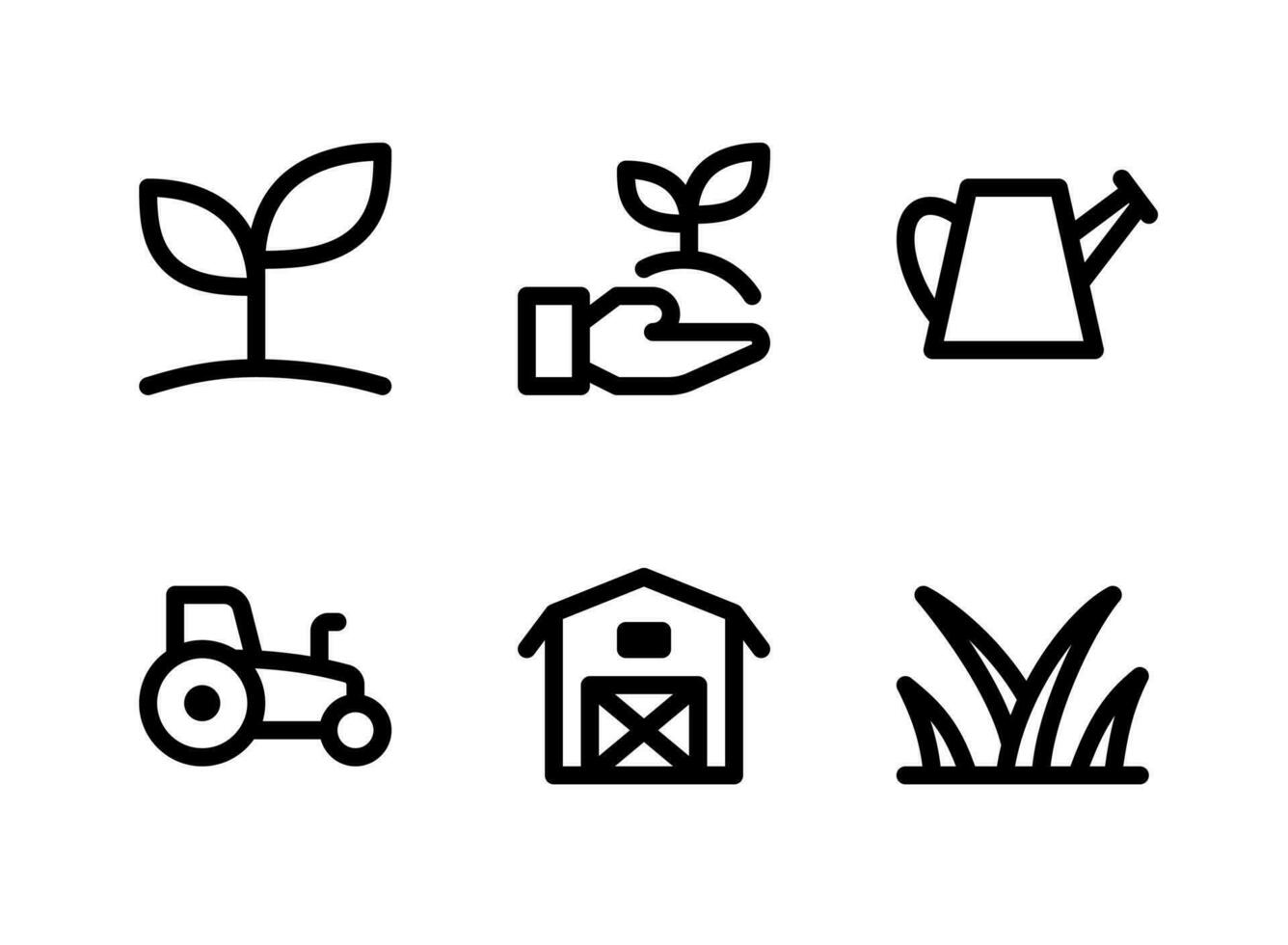 simple conjunto de iconos de líneas vectoriales relacionadas con la agricultura. contiene íconos como brote de plantas, regalar plantas, aspersores, tractores y más. vector