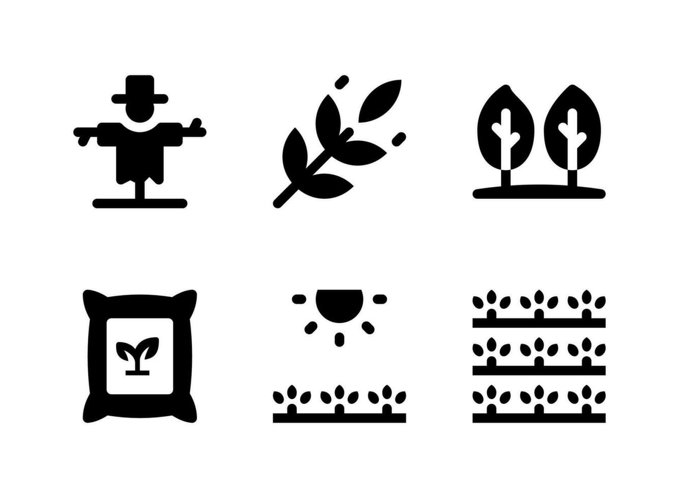 simple conjunto de iconos sólidos vectoriales relacionados con la agricultura. contiene iconos como espantapájaros, saco, campos soleados, cosecha y más. vector